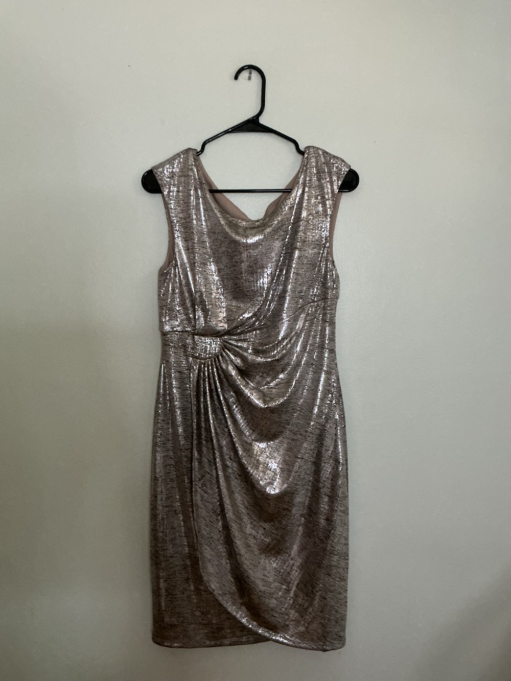 Connected Apparel Sleeveless Metallic Rose Gold Draped Sheath Dress